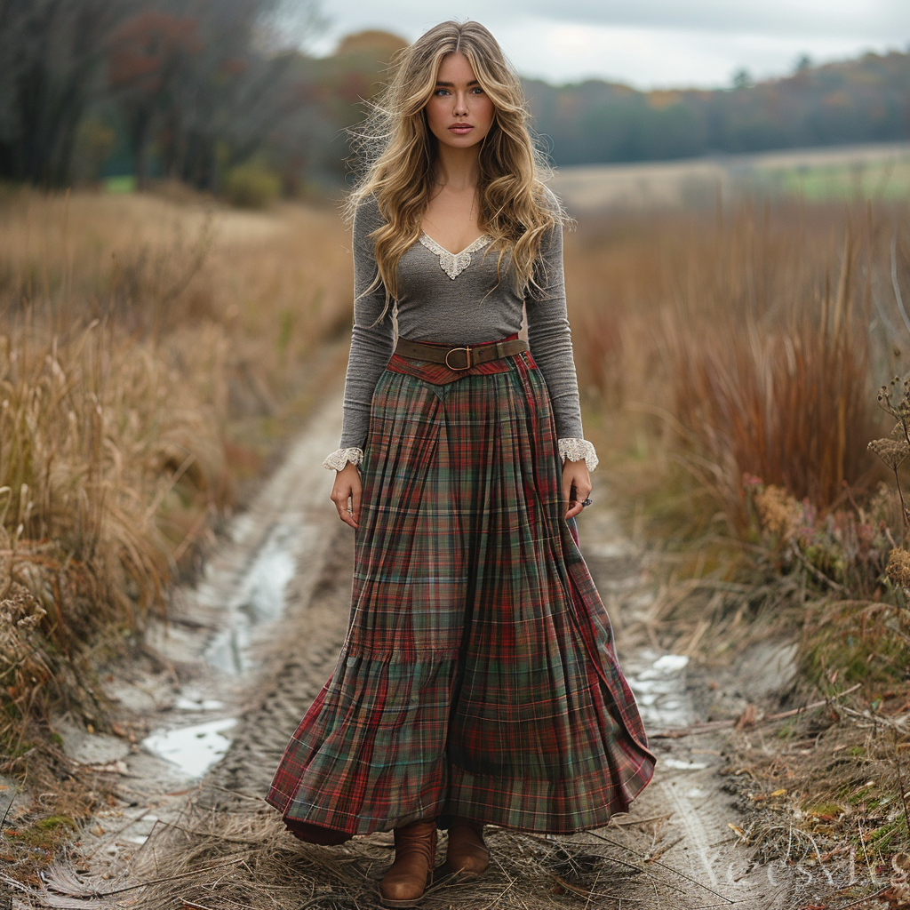 Women's Retro Plaid V-neck Long-sleeve Long Skirt Pastoral Style Maxi Long Dress