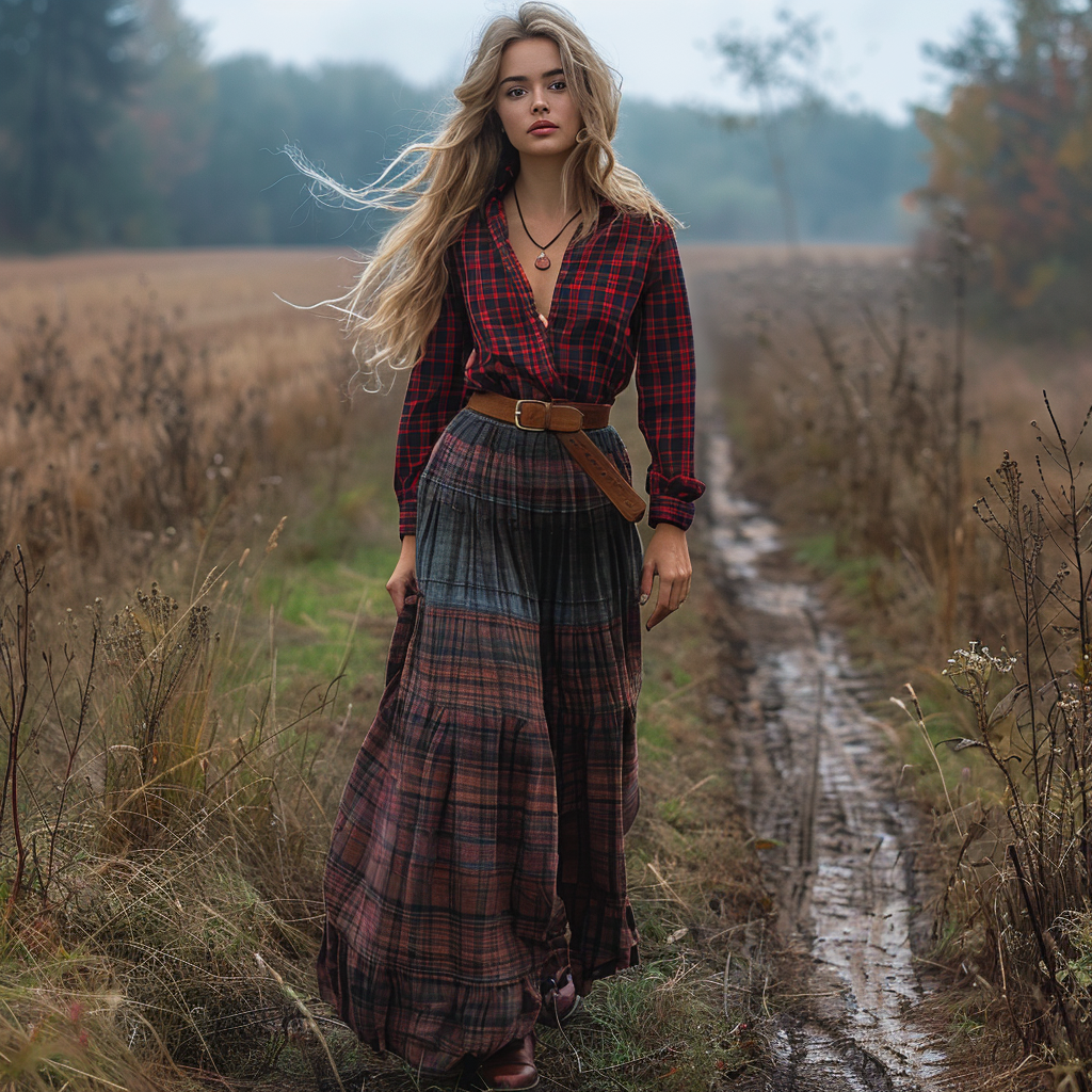 Women's Vintage V-neck Bohemian Pastoral Style Long-sleeve Maxi Long Dress