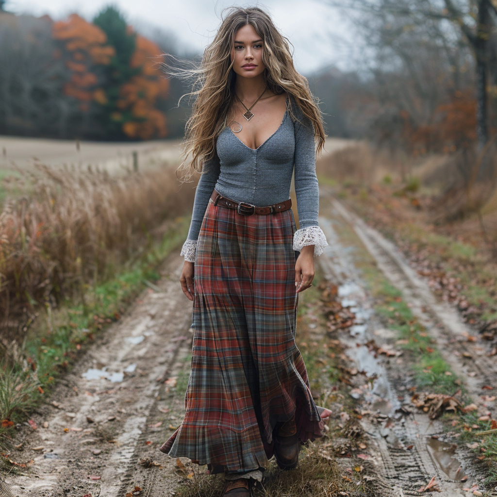 Women's Retro Plaid V-neck Long-sleeve Long Skirt Pastoral Style Maxi Long Dress