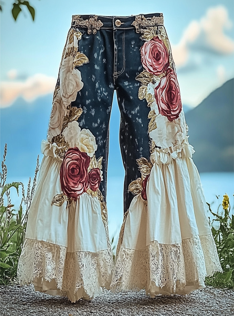 Summer ruffled denim cotton and linen patchwork contrast color pants b0a8