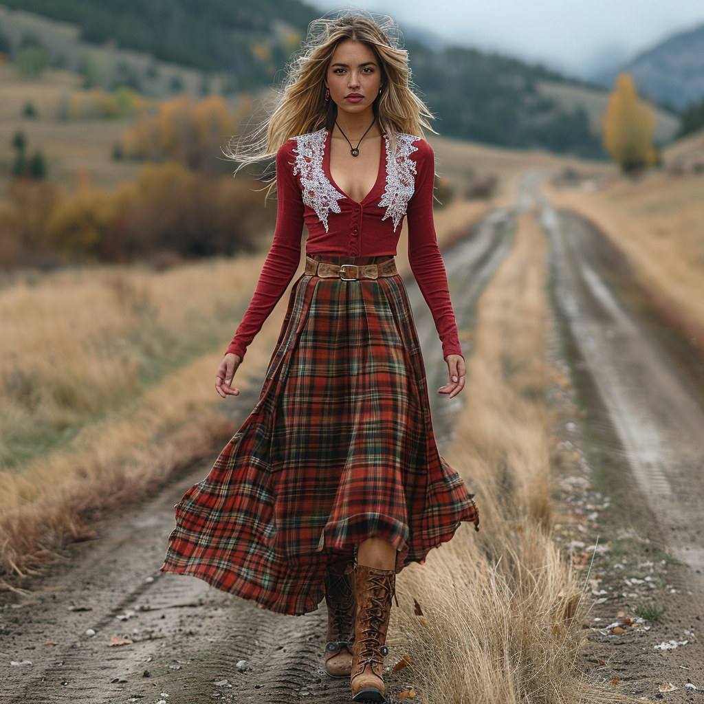 Women's Retro Plaid V-neck Long-sleeve Long Skirt Pastoral Style Maxi Long Dress