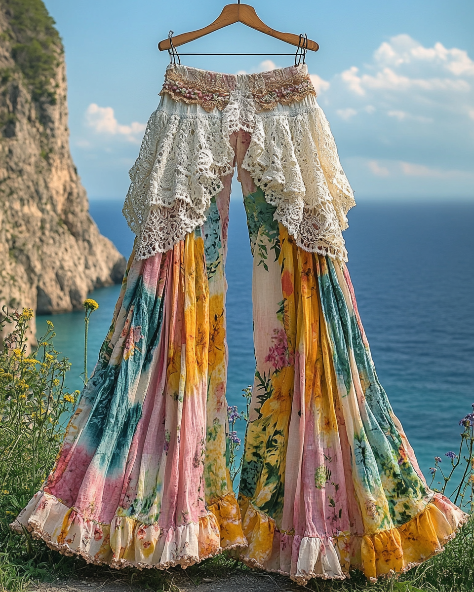 Summer ruffled denim cotton and linen patchwork contrast color pants 0e49