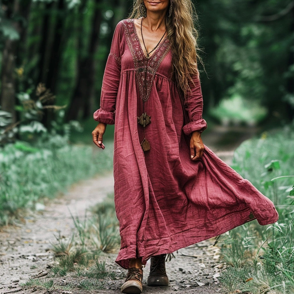 Women's Linen Bohemian Casual Loose Maxi Long Dress