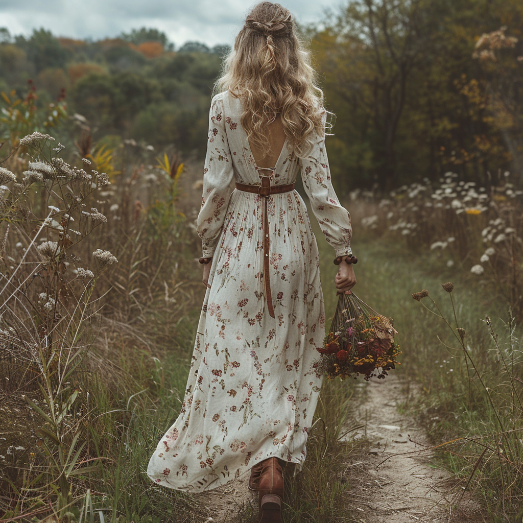 Women's Vintage V-neck Bohemian Pastoral Style Long-sleeve Maxi Long Dress