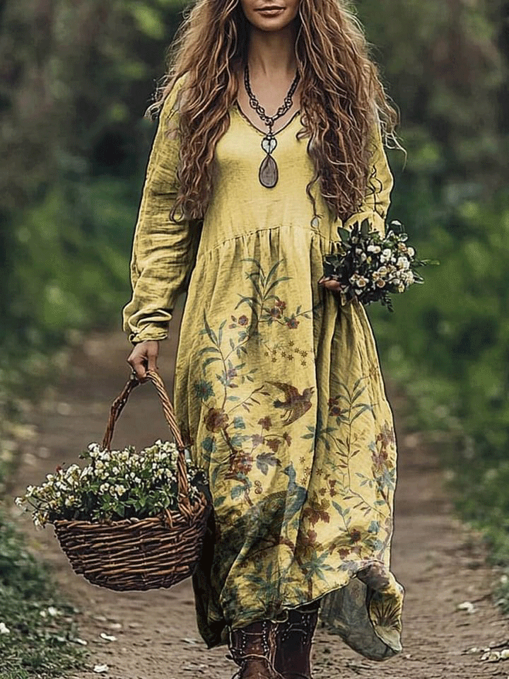 Women's Lovely Floral Birds Art Print Pocket Cotton Dress