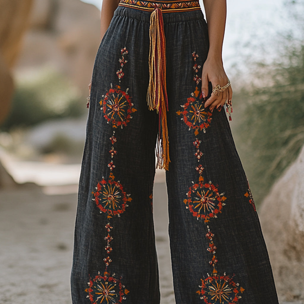 Women's Casual Bohemia Vacation Linen Style Long Loose Wide-leg Trouser Pants