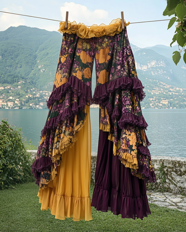 Summer ruffled cotton and linen patchwork contrast color pants 25e6