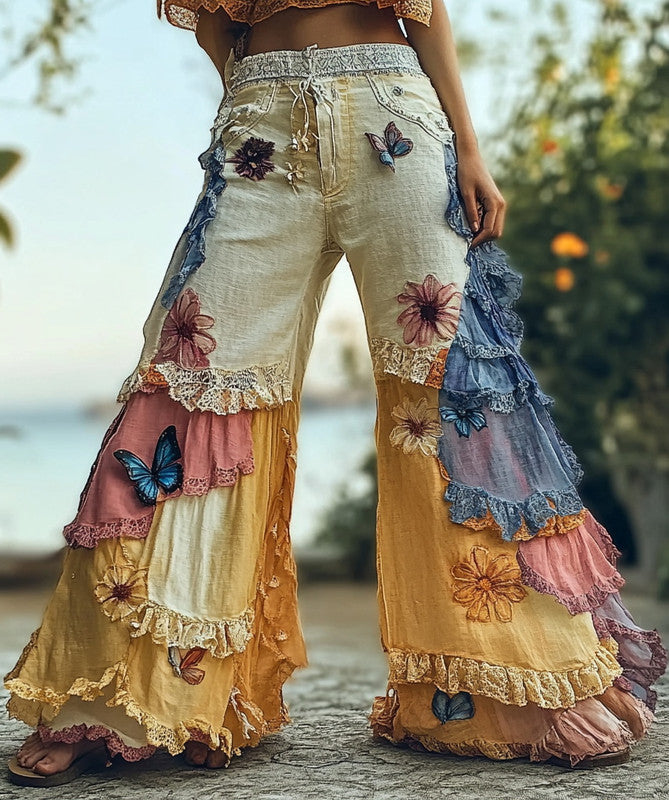 Summer Holiday Lace Hand-Embroidered Patchwork Pants d63d