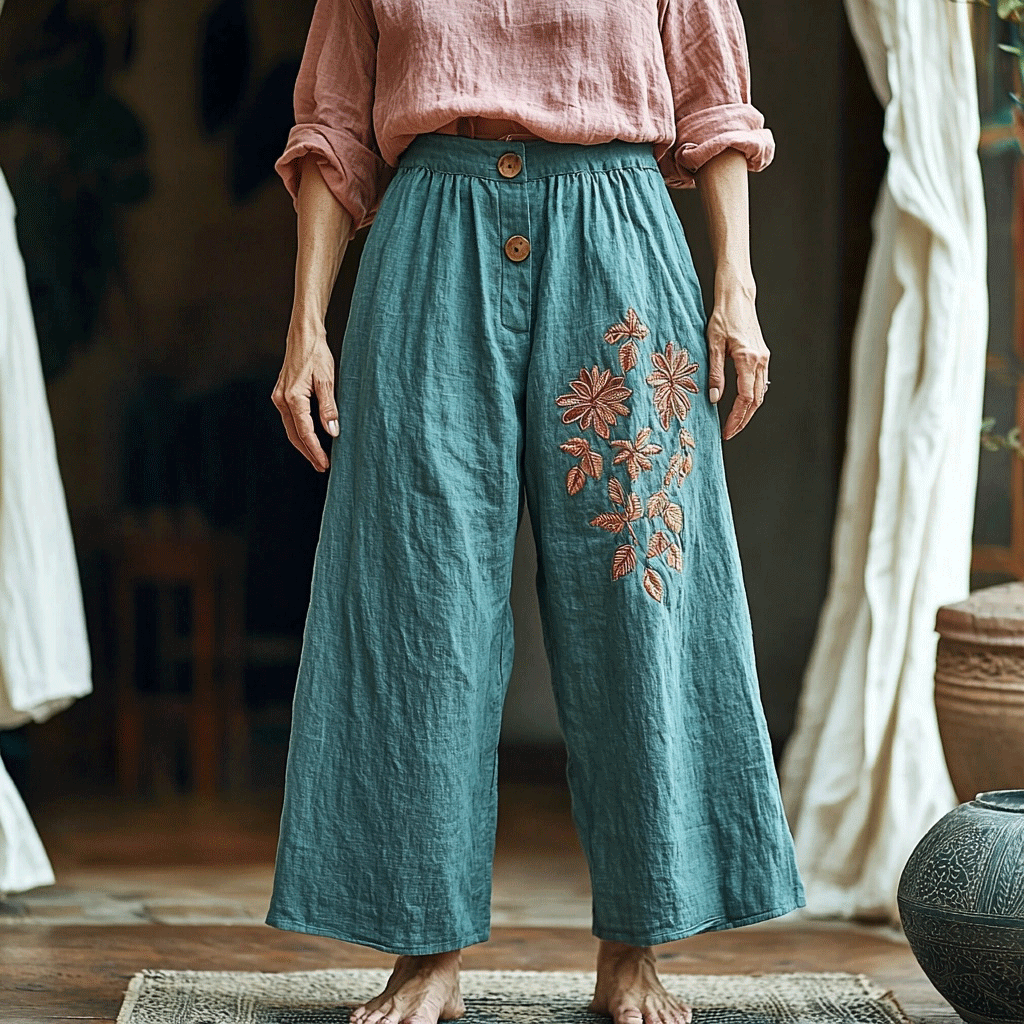 Women's Linen Ethnic Bohemian Style Floral Wide-leg Trousers Pants