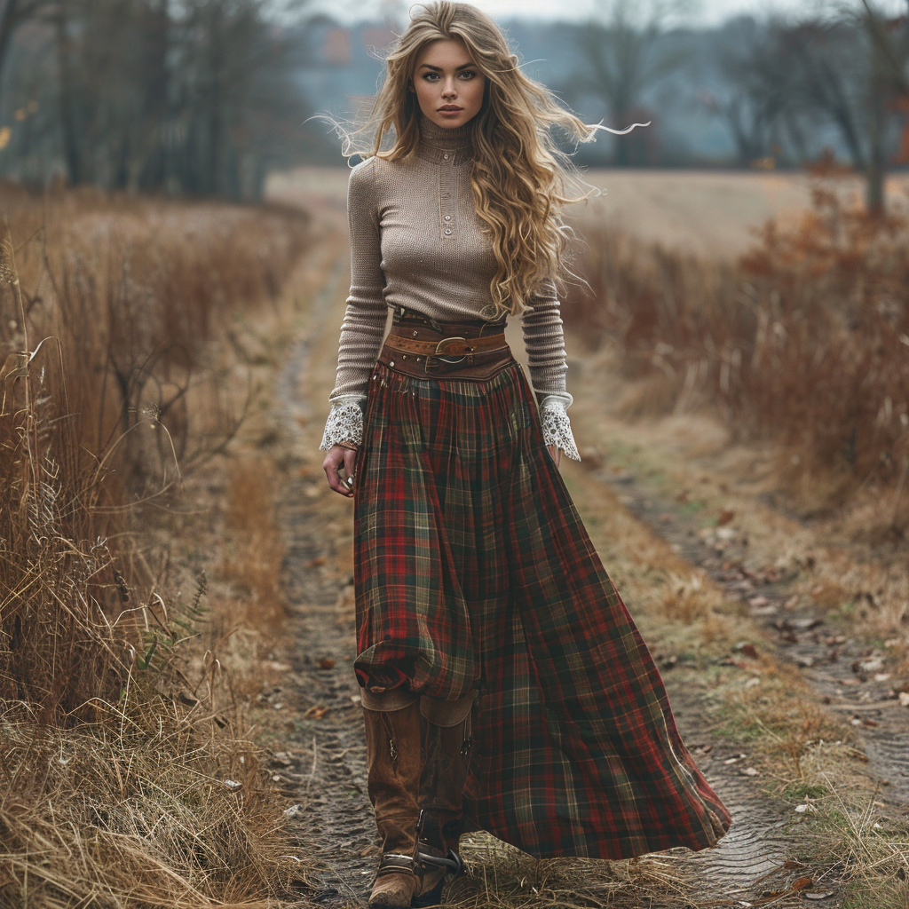 Women's Retro High Neck Long-sleeve Long Skirt Plaid Pastoral Style Maxi Long Dress