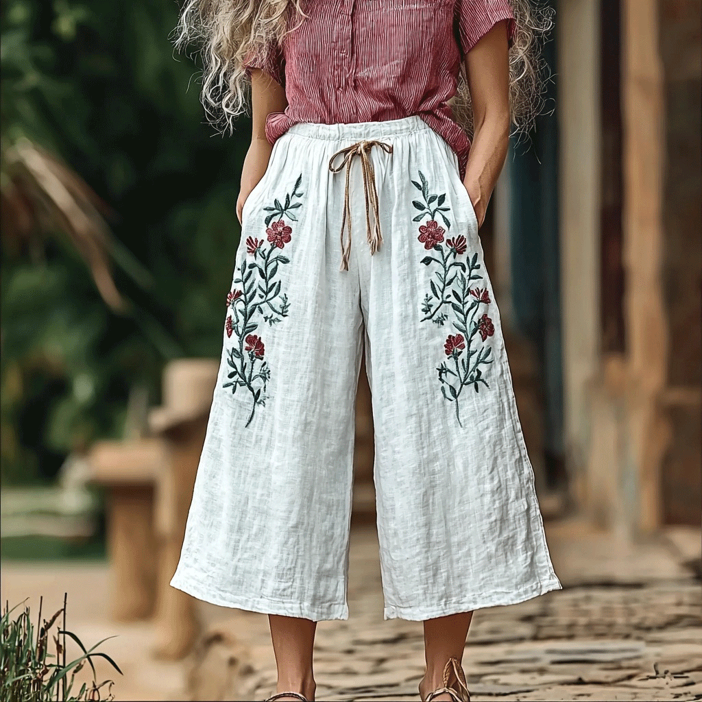 Women's Linen Bohemian Floral Wide-leg Trouser Pants