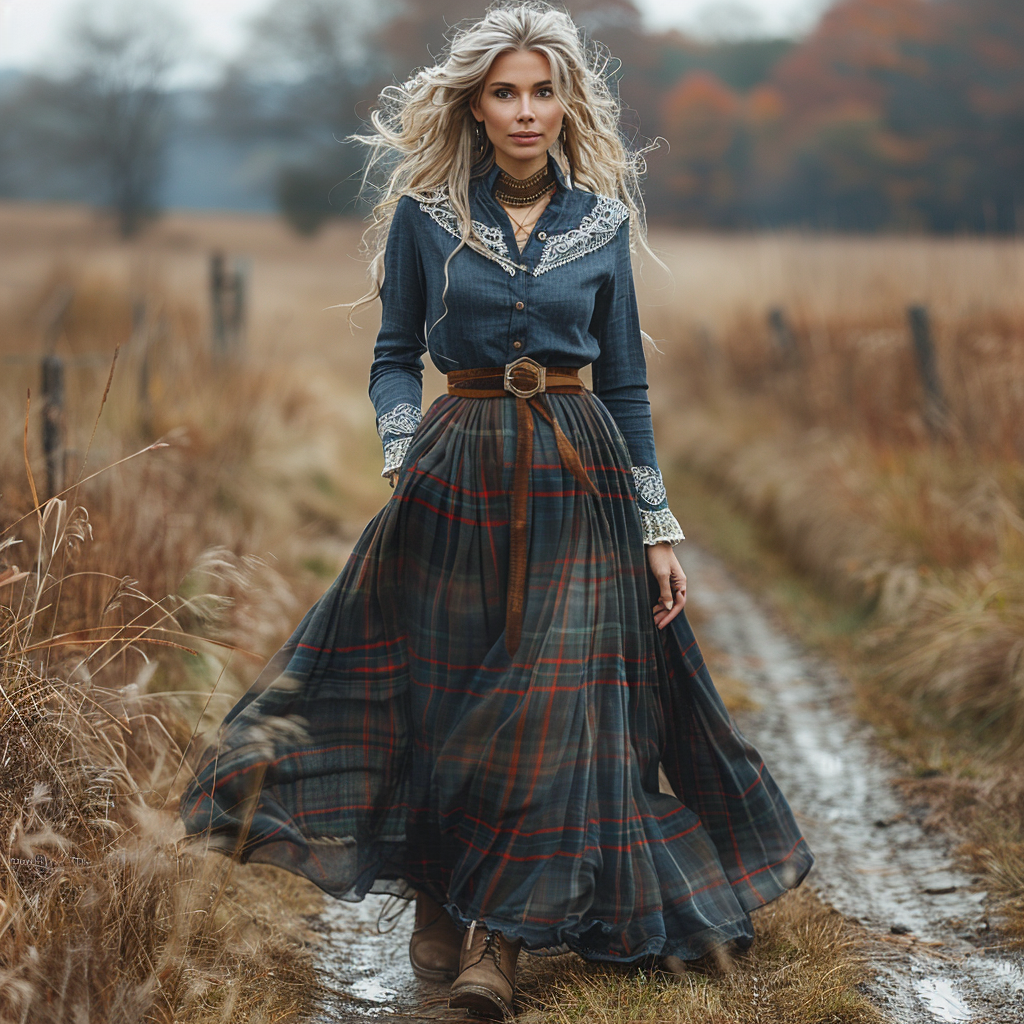 Women's Retro Plaid V-neck Long-sleeve Long Skirt Pastoral Style Maxi Long Dress