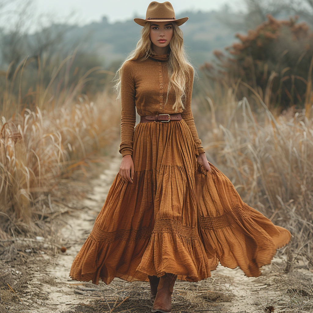 Women's Vintage Country Pastoral Linen Style Long-sleeve Maxi Long Dress