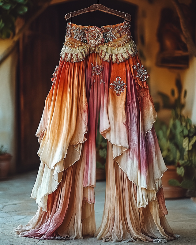 Summer Holiday Ruffle Color Gradient Splicing Linen Pants 6946