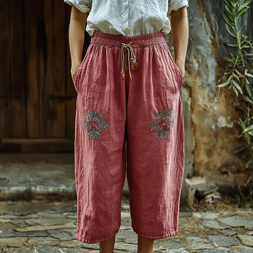 Women's Linen Bohemian Style Floral Trousers Pants