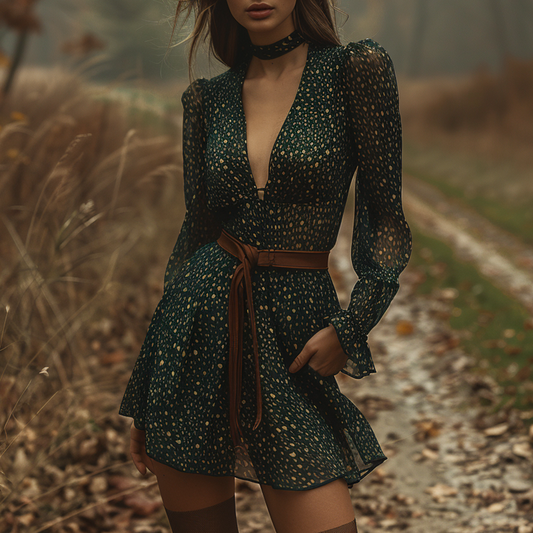 Women's Retro Pastoral Leopard Style Long-sleeve Short Skirt Dress