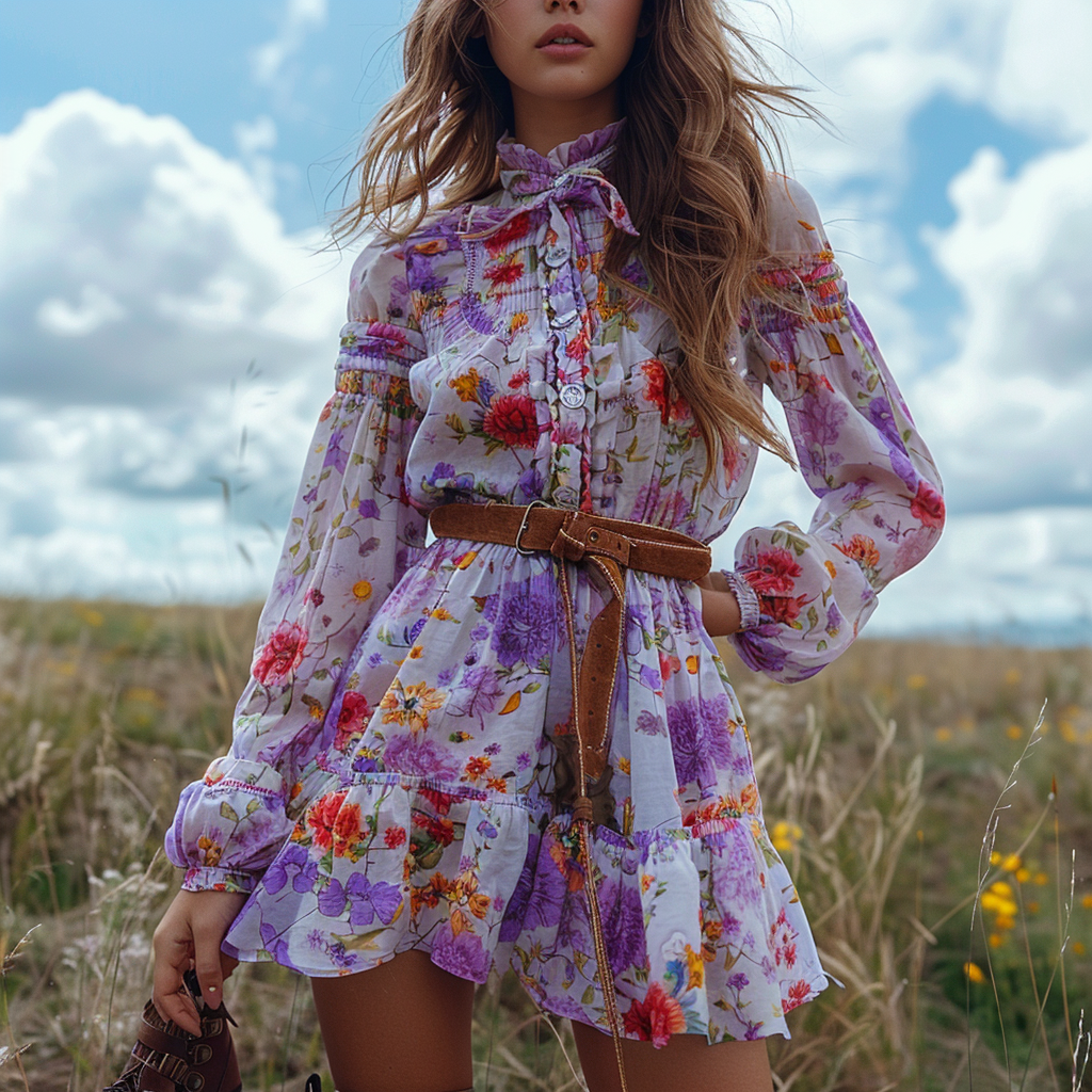 Women's Retro Floral Bohemian Pastoral Style Long-sleeved Mini Short Dress