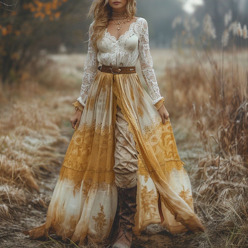 Women's Retro V-neck Country Pastoral Linen Style Long-sleeve Casual Maxi Long Dress
