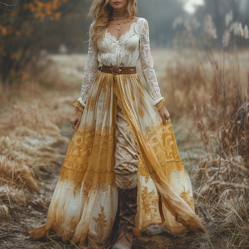Women's Retro V-neck Country Pastoral Linen Style Long-sleeve Casual Maxi Long Dress