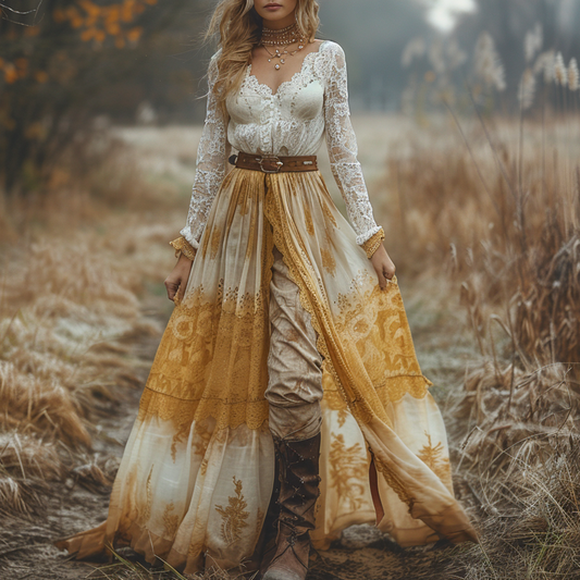 Women's Retro V-neck Country Pastoral Linen Style Long-sleeve Casual Maxi Long Dress