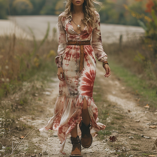 Women's Retro V-neck Pastoral Halloween Party Style Long-sleeve Maxi Long Dress