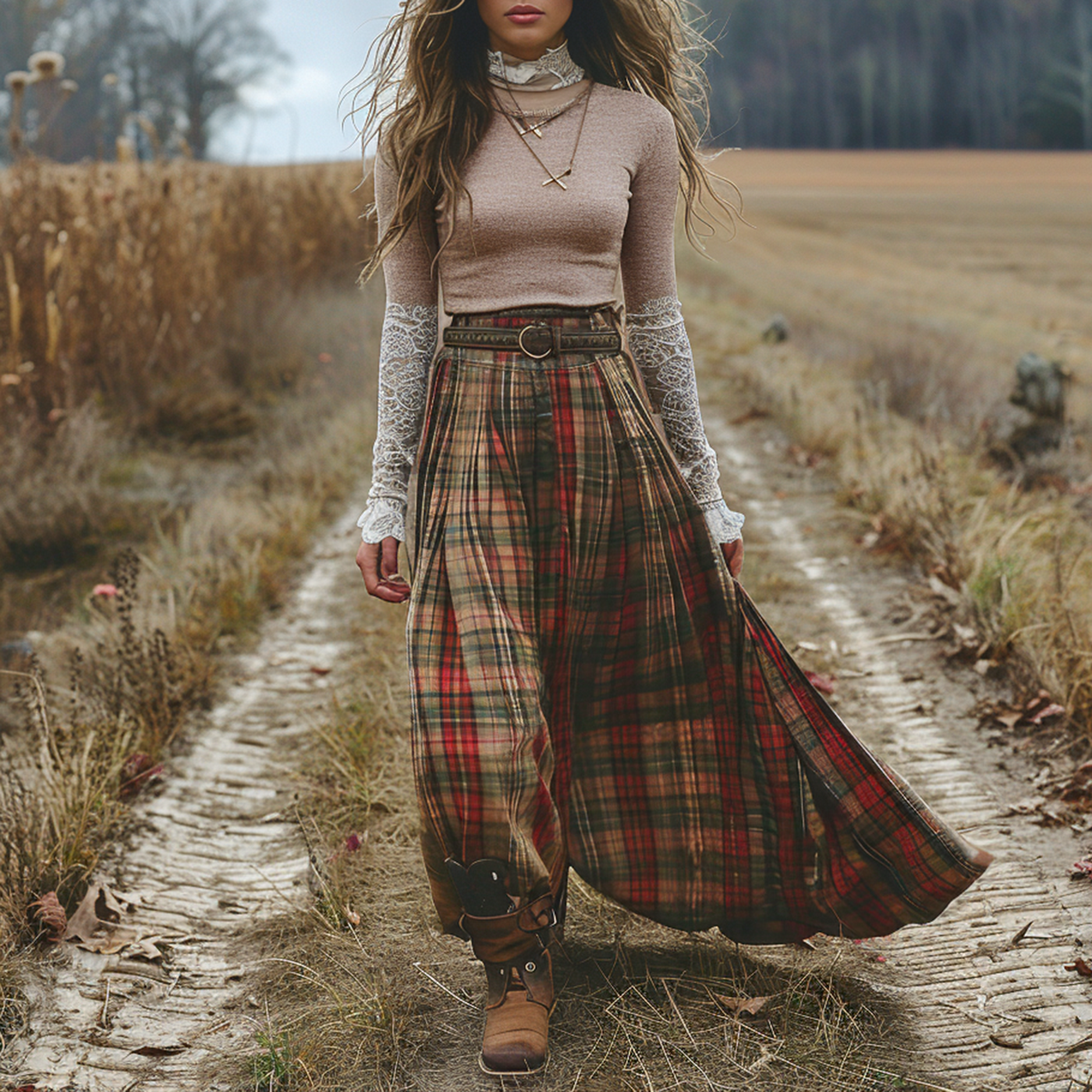 Women's Retro High Neck Long-sleeve Long Skirt Plaid Pastoral Style Maxi Long Dress