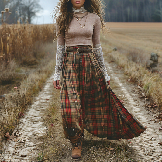 Women's Retro High Neck Long-sleeve Long Skirt Plaid Pastoral Style Maxi Long Dress