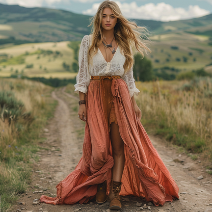 Women's Retro V-neck Country Pastoral Linen Style Long-sleeve Casual Maxi Long Dress
