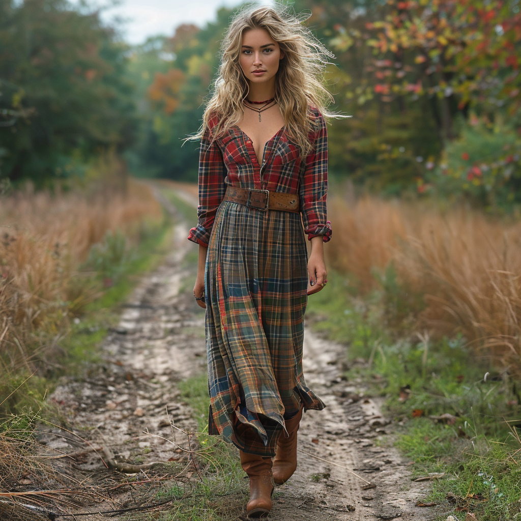 Women's Retro V-neck Plaid Long-sleeve Bohemian Pastoral Style Maxi Long Dress