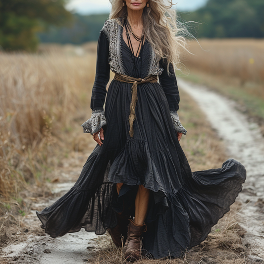 Women's Vintage Pastoral Style V-neck Linen Long-sleeve Maxi Long Dress