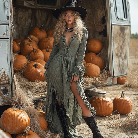 Women's Retro Halloween Linen Solid Color Style Long-sleeve Maxi Long Dress