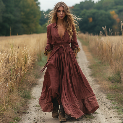 Women's Retro Pastoral Style Lace Long-sleeve Linen Maxi Long Dress