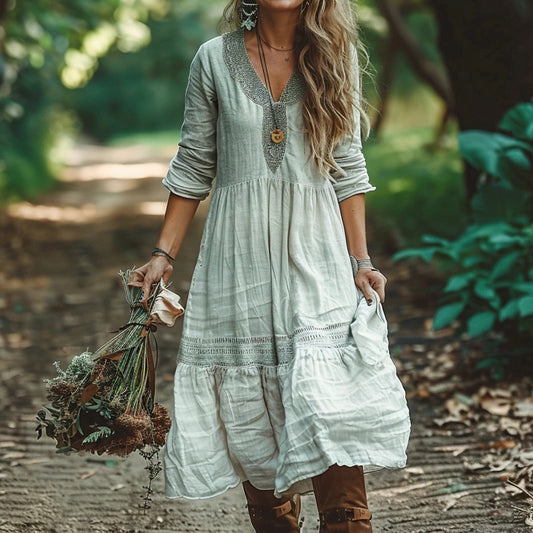 Women's Linen Bohemian Casual Long-sleeve Maxi Long Dress