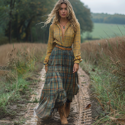 Women's Vintage V-neck Bohemian Pastoral Plaid Style Long-sleeve Maxi Long Dress