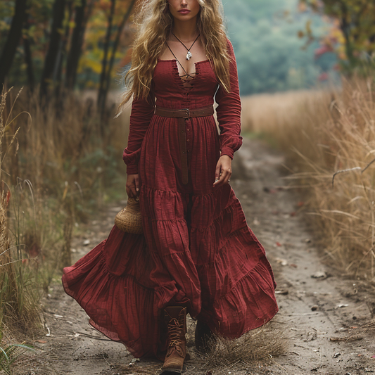 Women's Vintage V-neck Bohemian Pastoral Style Long-sleeved Maxi Long Dress