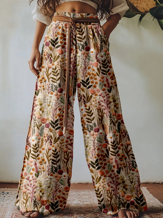 Boho Wildflower Embroidered Linen Blend Comfy Pants 870d