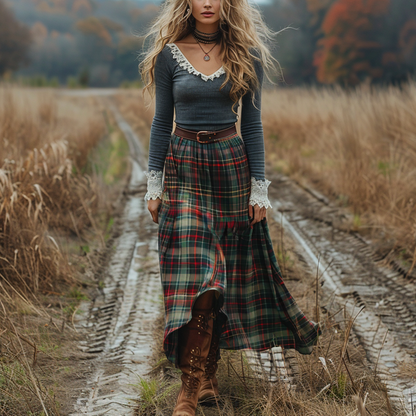 Women's Retro Plaid V-neck Long-sleeve Long Skirt Pastoral Style Maxi Long Dress