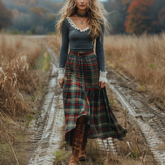 Women's Retro Plaid V-neck Long-sleeve Long Skirt Pastoral Style Maxi Long Dress