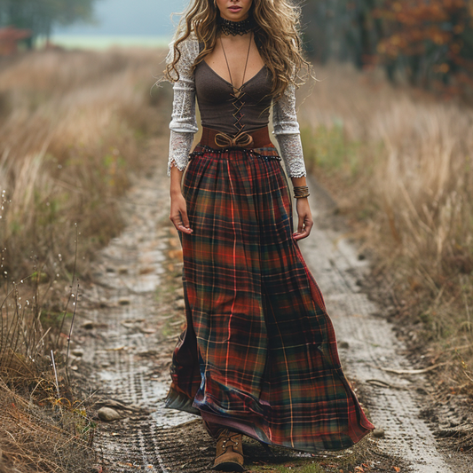 Women's Retro Plaid V-neck Long-sleeve Long Skirt Pastoral Style Maxi Long Dress