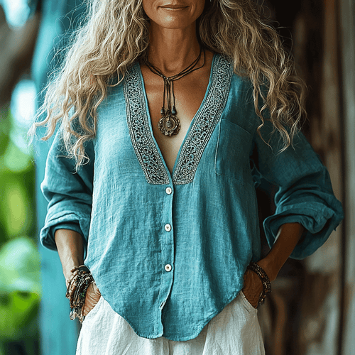 Women's Linen Bohemia Style Long-sleeved Breathable Top Shirt