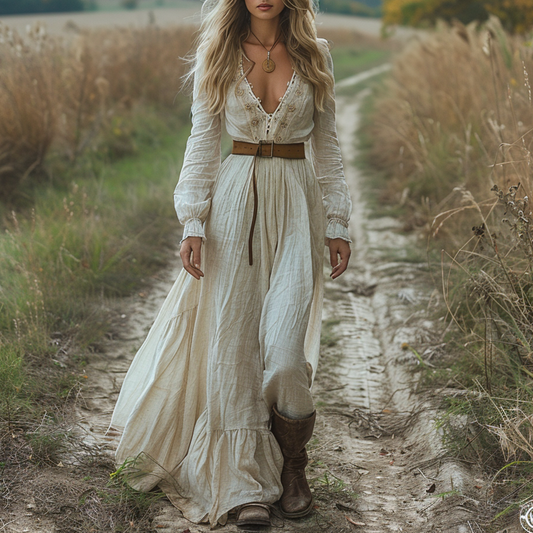 Women's Vintage V-neck Bohemian Pastoral Style Long-sleeved Maxi Long Dress