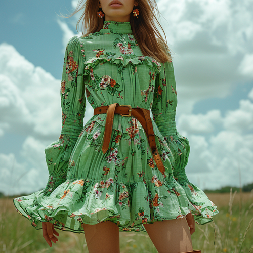 Women's Retro Floral Bohemian Pastoral Style Long-sleeved Mini Short Dress