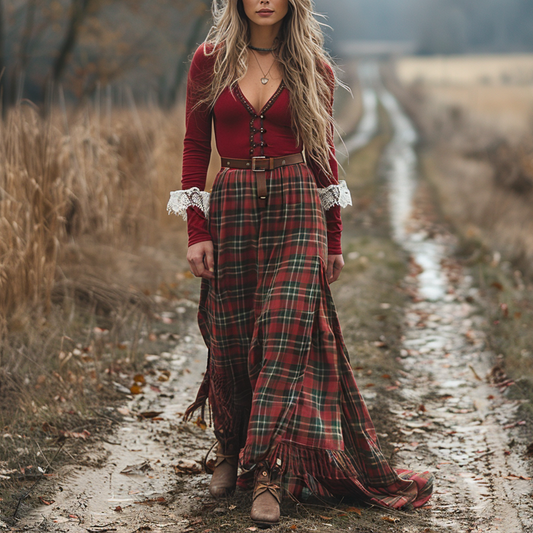 Women's Retro Plaid V-neck Long-sleeve Long Skirt Pastoral Style Maxi Long Dress