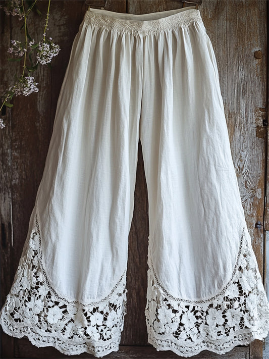 Hamivibe Vintage Boho Floral Lace Hem Wide Leg Linen Pants e074