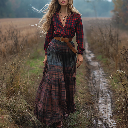 Women's Vintage V-neck Bohemian Pastoral Style Long-sleeve Maxi Long Dress