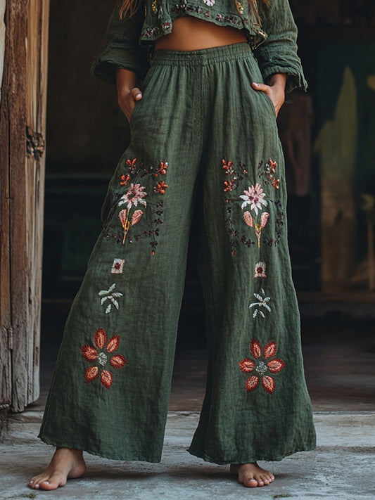 Hamivibe Women's Retro Linen Boho Floral Art Long Loose Wide-leg Trouser Pants d6c0