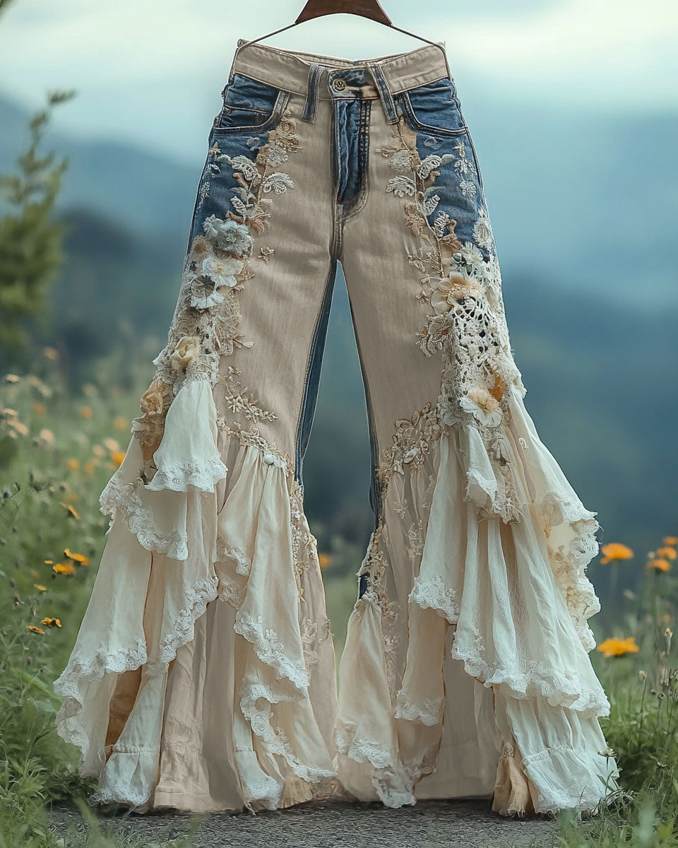 Summer ruffled denim cotton and linen patchwork contrast color pants 3d3a
