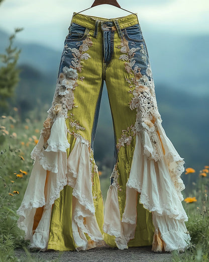 Summer ruffled denim cotton and linen patchwork contrast color pants 3d3a