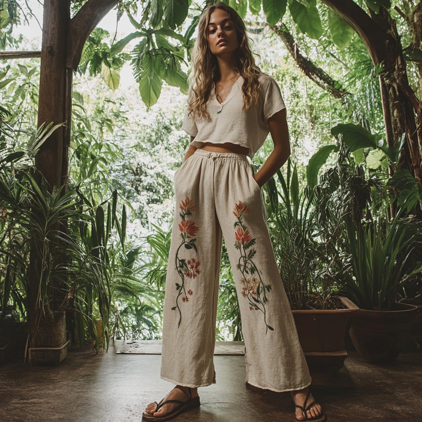 Women's Boho Floral Art Linen Lounge Pants acfc