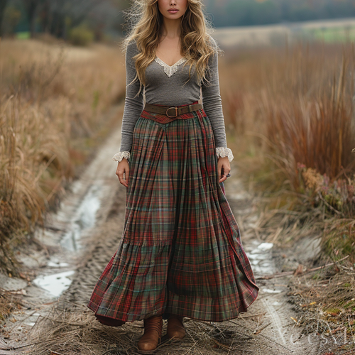 Women's Retro Plaid V-neck Long-sleeve Long Skirt Pastoral Style Maxi Long Dress